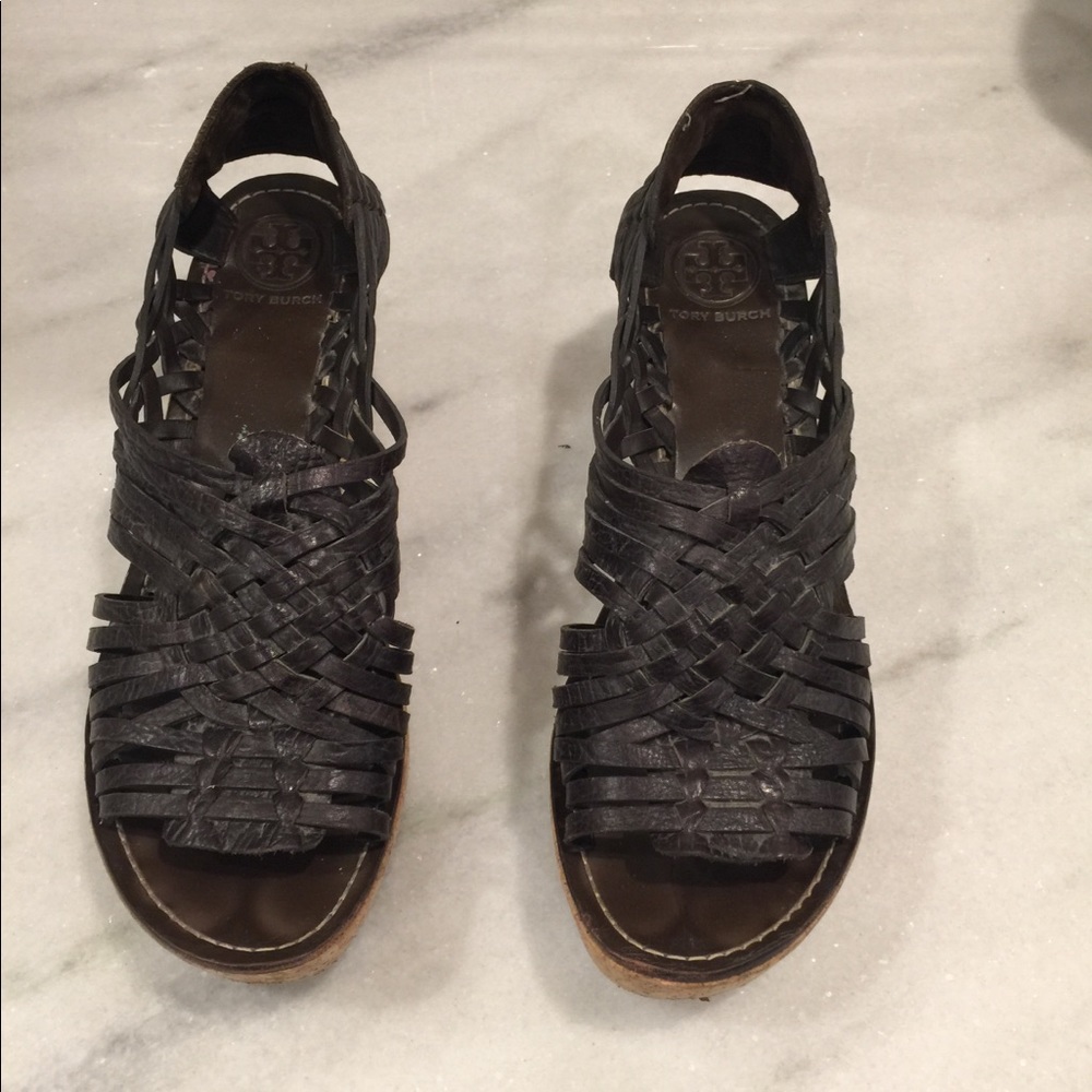 Tory Burch Brown Woven Leather Wedge Sandals